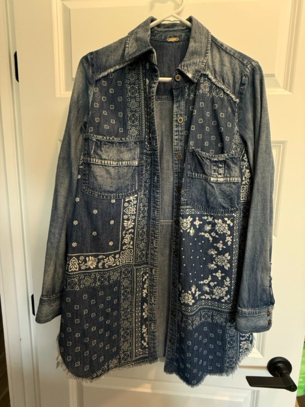 Free People "Westward Won" Bandana Patchwork Denim Shirt Tunic